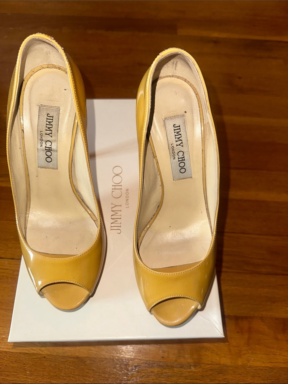 Jimmy Choo Nude Patent Leather Peep-Toe Platforms—Crown